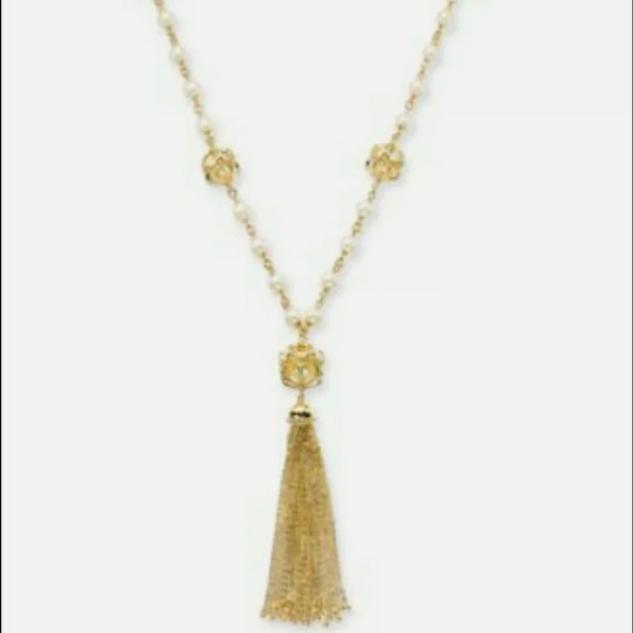 Gold Tone, Long Necklace With Pearl Tassel - Picture 1 of 2